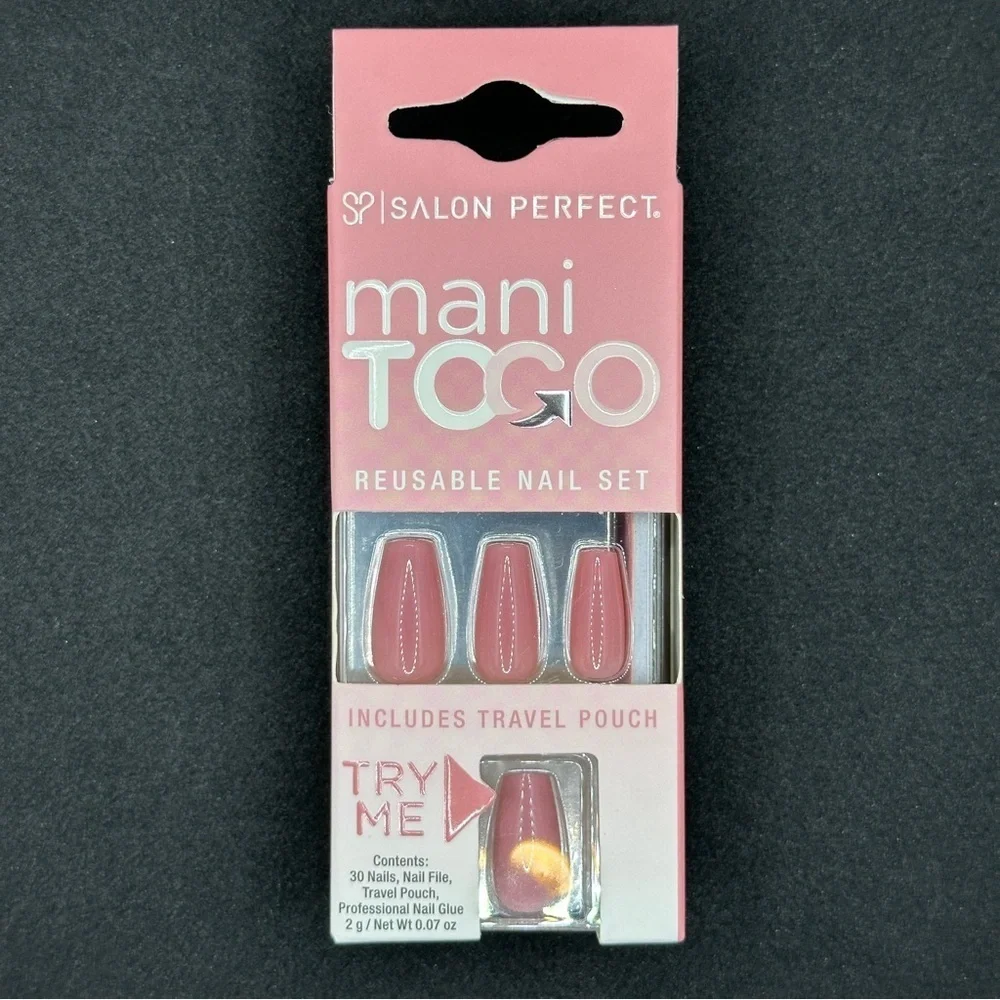NIB Salon Perfect Mani To Go Reusable Coffin Press On Nails Kit Dusty Pink